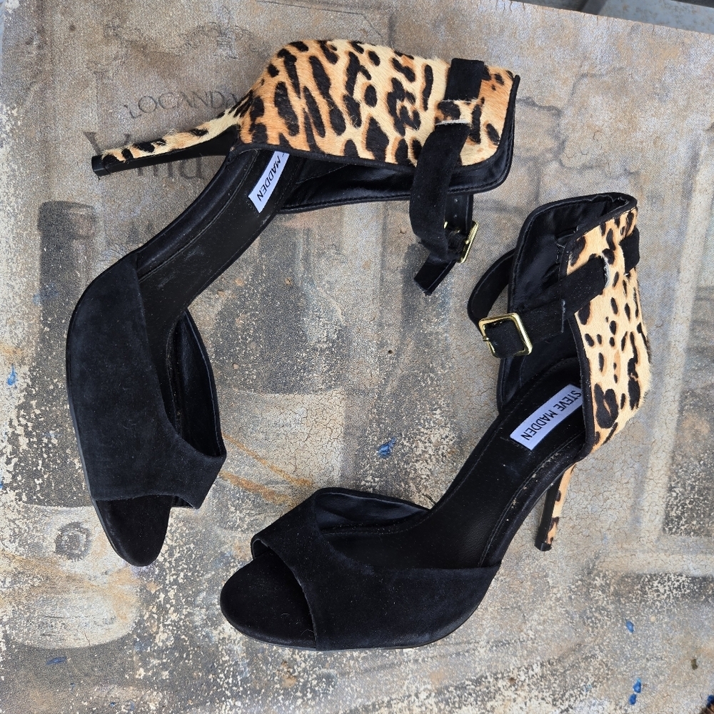 Steve Madden Sz 9 Stepout Mary Jane Heels Leather Calf Hair Buckle Leapord